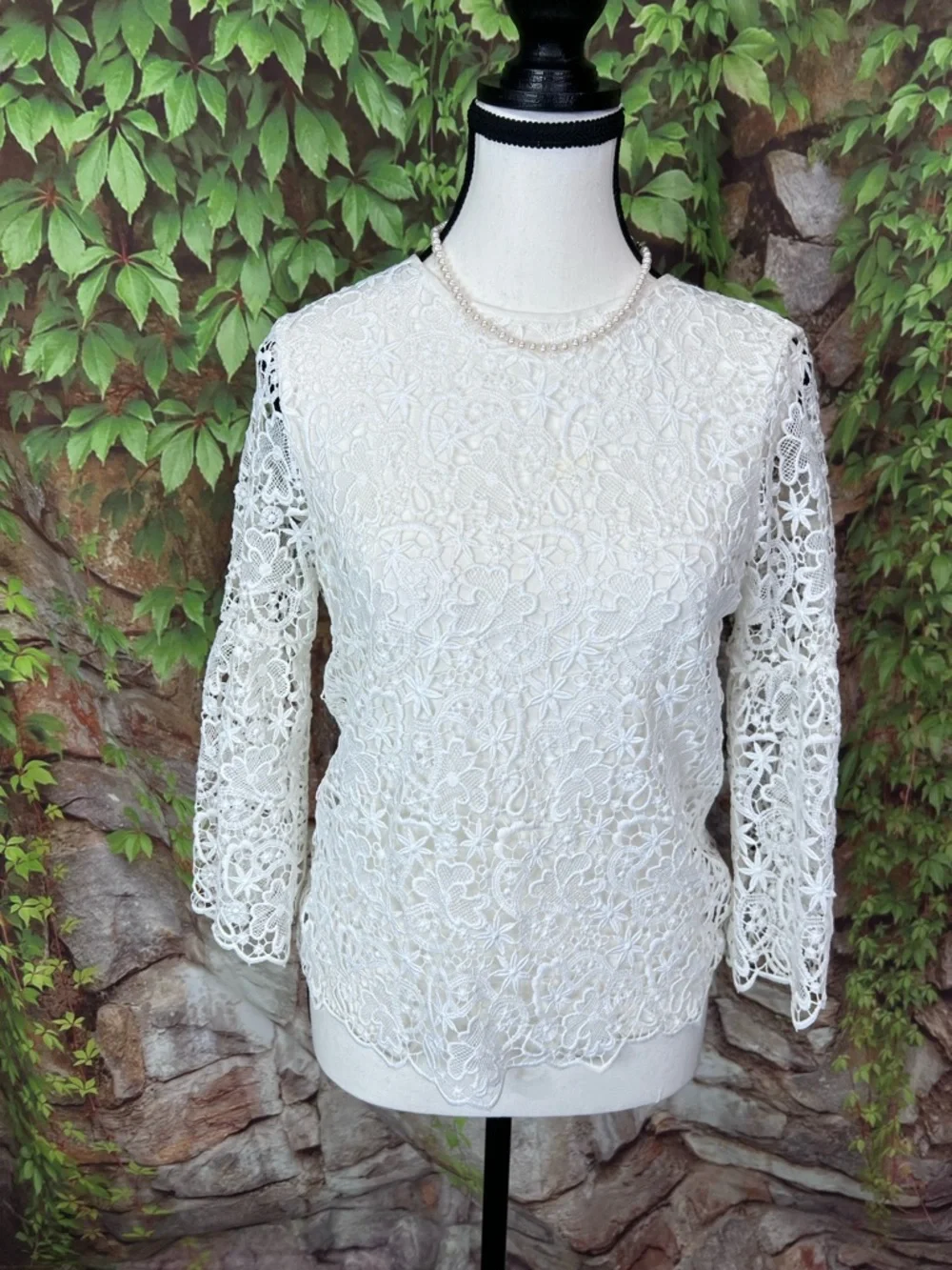 NWT ZARA Cottagecore Crewneck White Lace Bell Sleeve Blouse, XS